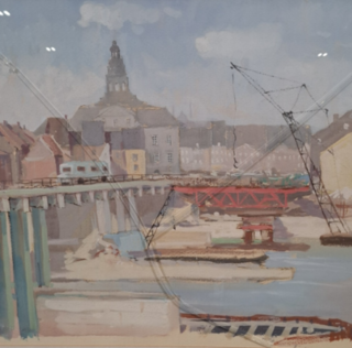 Schilderij, G. Boosten, Storten van putten Wilhelminabrug, 1958